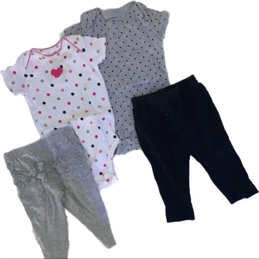 4 piece lot Bundle 2 snap crotch polka dot bodysuits 2 pants ruffle butt 6 month
